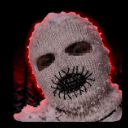 Person wearing a white textured balaclava with a dark stitched mouth and a red glowing background.