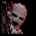 Masked figure with a textured surface peeking from behind a tree with a dark, glowing red outline.