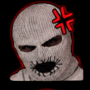 A person wearing a white knit balaclava with a stitched mouth and a red anger symbol above their head.