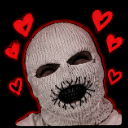 A person wearing a white knit balaclava with a stitched mouth surrounded by glowing red hearts.