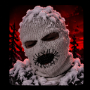 Person wearing a white knit balaclava covered in snow against a dark red background.