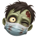 A green zombie with a messy hairstyle winks with one eye while wearing a blood-stained medical mask.