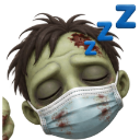 A cartoon zombie with a medical mask sleeping with blue Zs floating above its head.