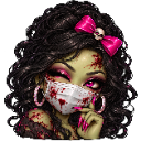 A stylized zombie girl with dark curly hair and a skull bow winks while wearing a blood-splattered medical mask.
