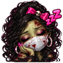 A sleepy girl with zombie-like features and a blood-splattered face mask resting her head on her hand with ZZZ symbols above…
