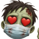 A zombie with heart-shaped eyes wearing a white medical mask stained with blood spots.