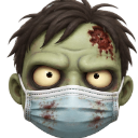 A cartoonish 3D zombie head with yellow eyes and a blood-stained medical mask looking angry.