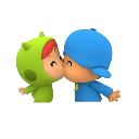 Two cartoon characters, one in blue and one in green, leaning in to kiss each other.