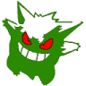 Green monster with jagged edges and glowing red eyes displays a wide, toothy, mischievous grin.