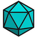 A cyan 20-sided die with black outlines.