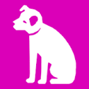 A white silhouette of a sitting dog against a solid pink background.