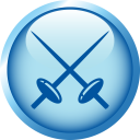 Two crossed fencing foils centered on a glossy light blue circular button.