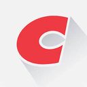 Letter C in red with a white outline and a long gray shadow.