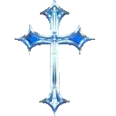 A stylized blue crystalline cross with sharp edges and a glowing, magical appearance.