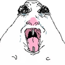 A distorted creature with wide, frantic eyes and a large, gaping mouth screaming.