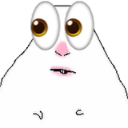 A white, blob-like creature with large, wide brown eyes and a small mouth looking suspicious.