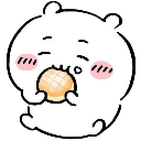 A small, white, round creature with blushing cheeks happily eating a round, textured bun.