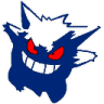 A dark blue monster with glowing red eyes and a wide, toothy grin.