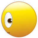 Yellow smiley face with one large eye looking to the side in a skeptical expression.