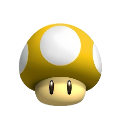 A small yellow mushroom with white spots and a blank, neutral expression.