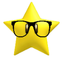 A yellow star character wearing thick black-rimmed glasses with a smug expression.
