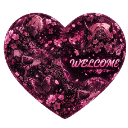 Heart shape filled with dark floral patterns and the word Welcome written in script.