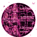 Globe graphic in neon pink with the word welcome repeated multiple times.