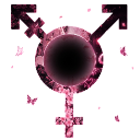 A black sphere surrounded by a glowing pink and purple pixelated aura.