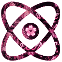 A glowing pink cherry blossom flower centered inside a dark, abstract geometric frame.