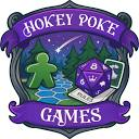 Hokey Poke Games emblem featuring a green meeple, a purple d20 die, and playing cards set against a forest background with a…