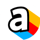 Lowercase letter a with a thick black outline and a colorful diagonal striped shadow.