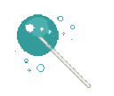 Teal lollipop with magical sparkles floating around it in a pixel art style.