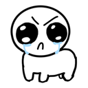 A small white creature with large black eyes and a frowny mouth shedding blue tears.