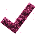 Checkmark symbol with a textured, glittery pink surface and floating sparkles.