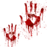 Bloody handprints in a pixel art style dripping with red.