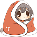 A cute chibi anime girl with brown hair wrapped snugly in an orange blanket with a small white logo.