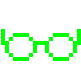 A pair of neon green pixel art glasses centered on a black background.