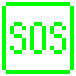 The letters SOS are displayed in a blocky green pixel font inside a matching green square border against a black background.