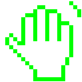 A neon green pixelated hand waving against a black background.