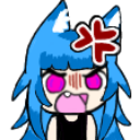 Anime girl with blue hair screaming in anger with a red vein symbol above her head.