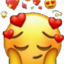 A yellow smiley face with closed eyes and a small smile, surrounded by floating red hearts and golden stars.