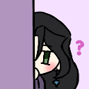 Anime girl with black hair peeking from behind a purple wall with a pink question mark next to her head.