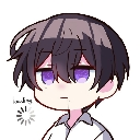 A chibi anime boy with purple eyes looks confused with a loading icon spinning next to his head.
