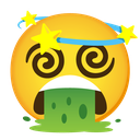 A yellow circular face with swirling eyes, a blue halo with a star, and green liquid spilling from its open mouth.