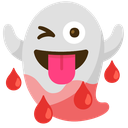 A white ghost winking and sticking its tongue out surrounded by floating red droplets.