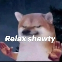 Shiba Inu dog with a smug expression holding its paws up with the text Relax shawty.