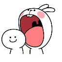 A white rabbit with a massive open mouth looms over a small, smiling character.