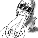 A distorted, hand-drawn face with a massive tongue hanging out and wide, intense eyes.
