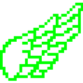A stylized green pixel art wing pointing diagonally upwards.