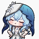 A chibi anime girl with blue hair and a white hood crosses her arms with a smug, unimpressed expression.